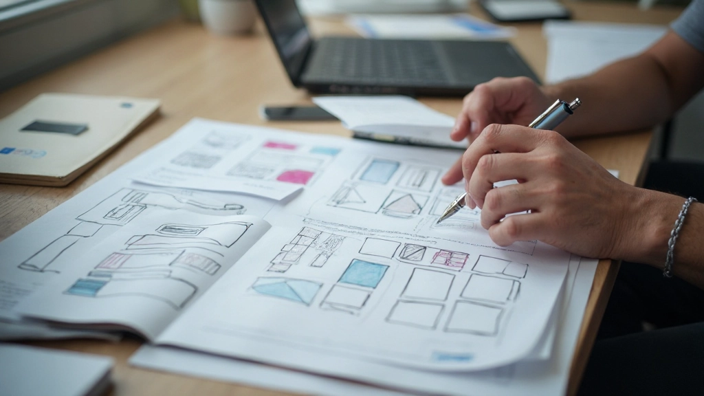Person reviewing wireframe sketches and design mockups on desk with pen and notebook
