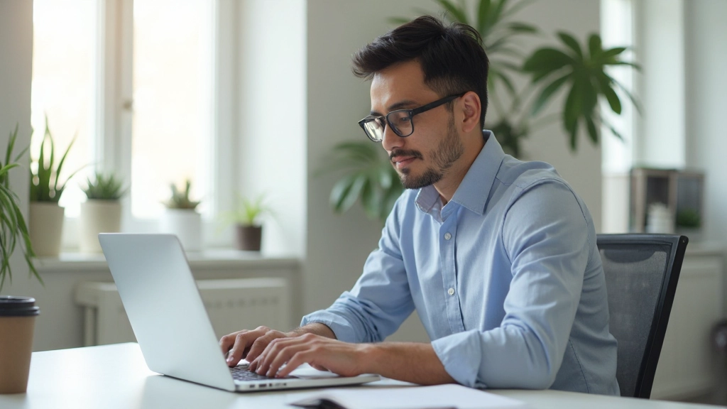 Professional designer working on laptop at modern workspace with notebook and coffee