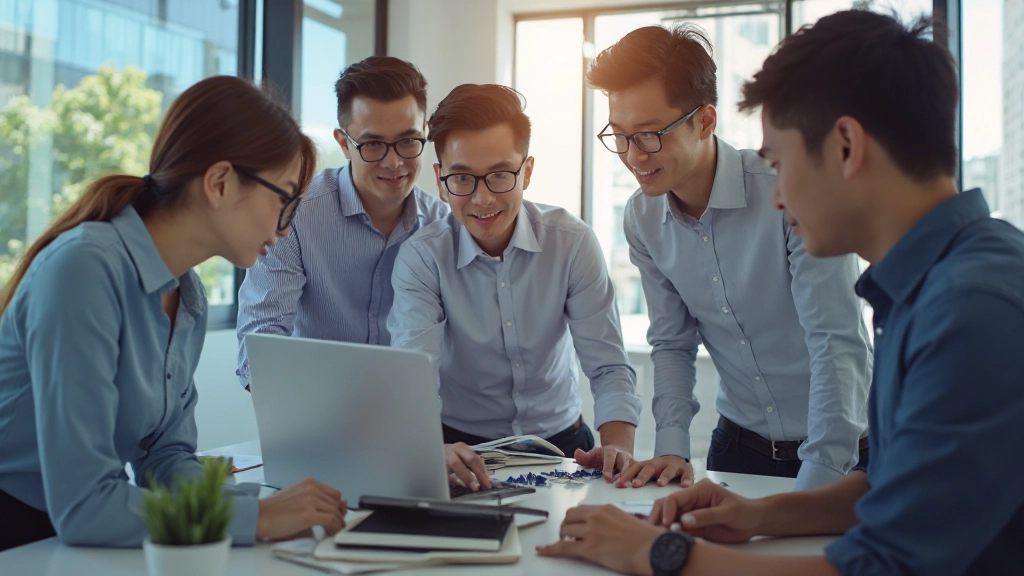 Team collaborating on laptop showing landing page analytics and conversion metrics dashboard