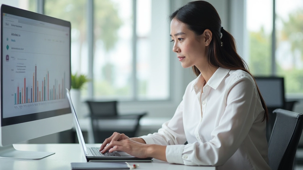 Business professional analyzing lead generation data and conversion metrics at a modern workspace