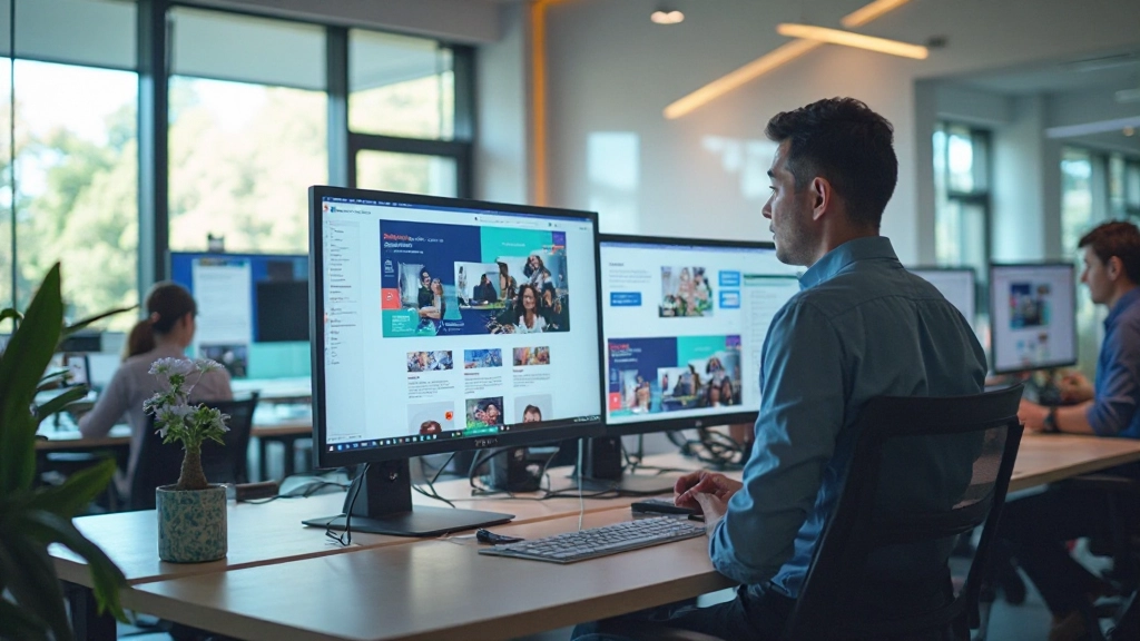 Modern workspace with landing page design mockups displayed on computer screen